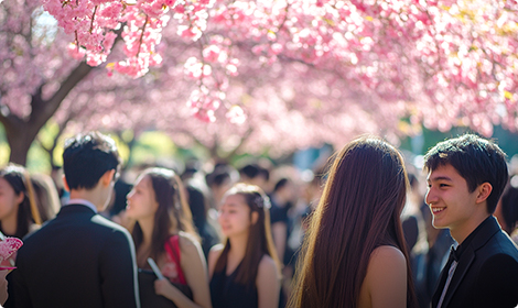 桜の下で交流する学生たち